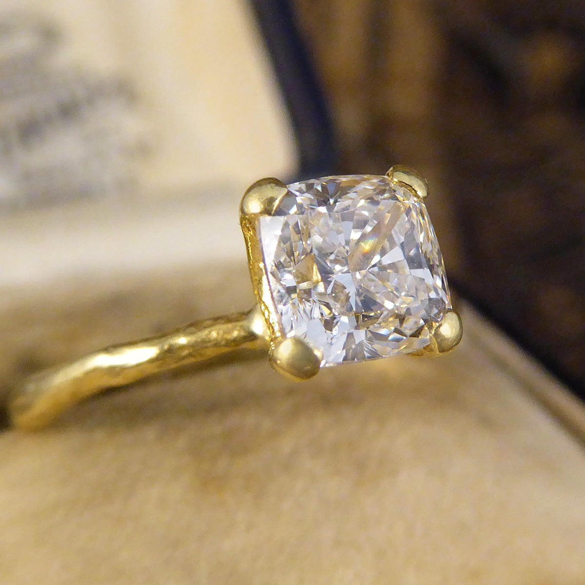 GIA 1.00ct F VS Modified Cushion Diamond Solitaire Ring in 18ct Yellow Gold Fine Detailed Band - Wharfedale Antiques