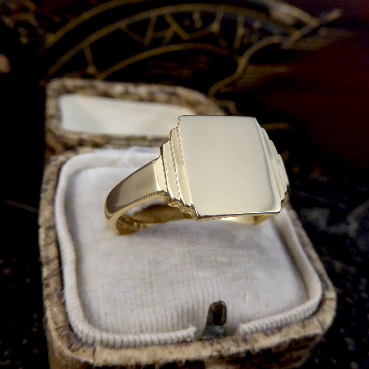 Large Vintage Rectangular Faced Signet Ring in 9ct Yellow Gold C1961 - Wharfedale Antiques