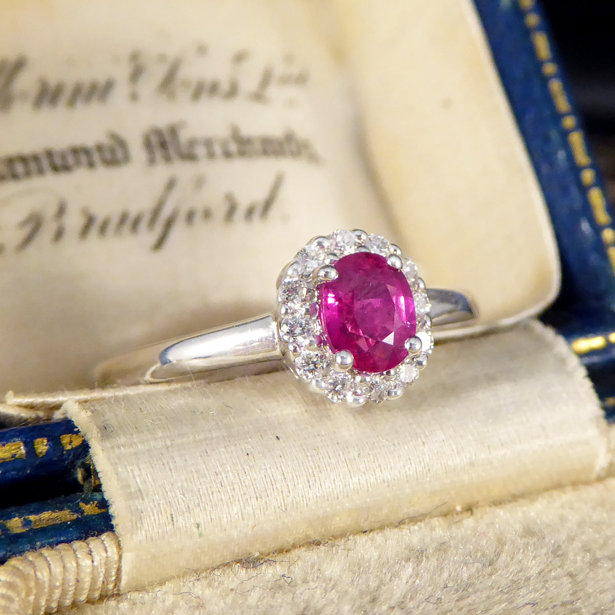 Modern Ruby and Diamond Cluster Ring in 18ct White Gold - Wharfedale Antiques