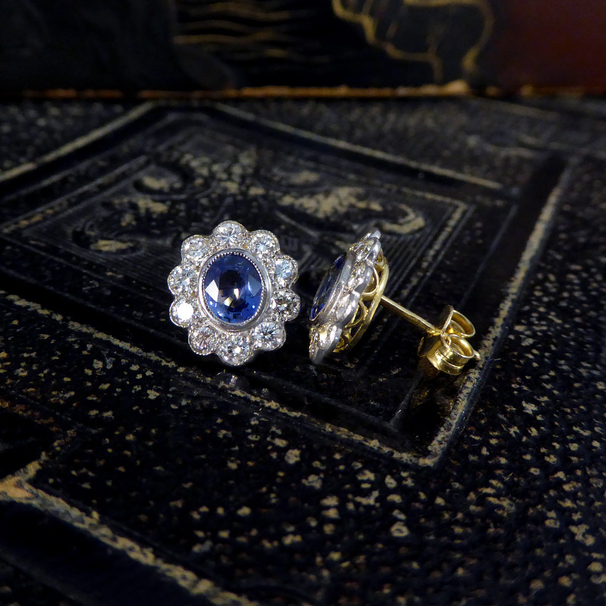 Edwardian Inspired Sapphire and Diamond Cluster Earrings in 18ct Gold - Wharfedale Antiques
