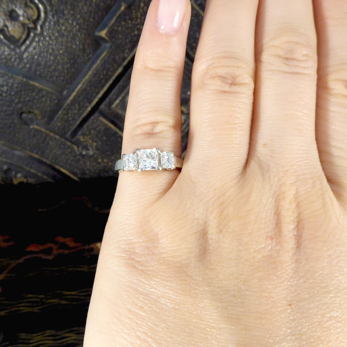 1.47ct Princess Cut and Asscher Cut Diamond Three Stone Ring in Platinum - Wharfedale Antiques
