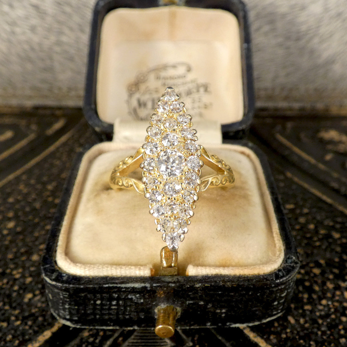 C1900 Antique Diamond Navette Marquise Cluster Ring in 18ct Yellow Gold - Wharfedale Antiques