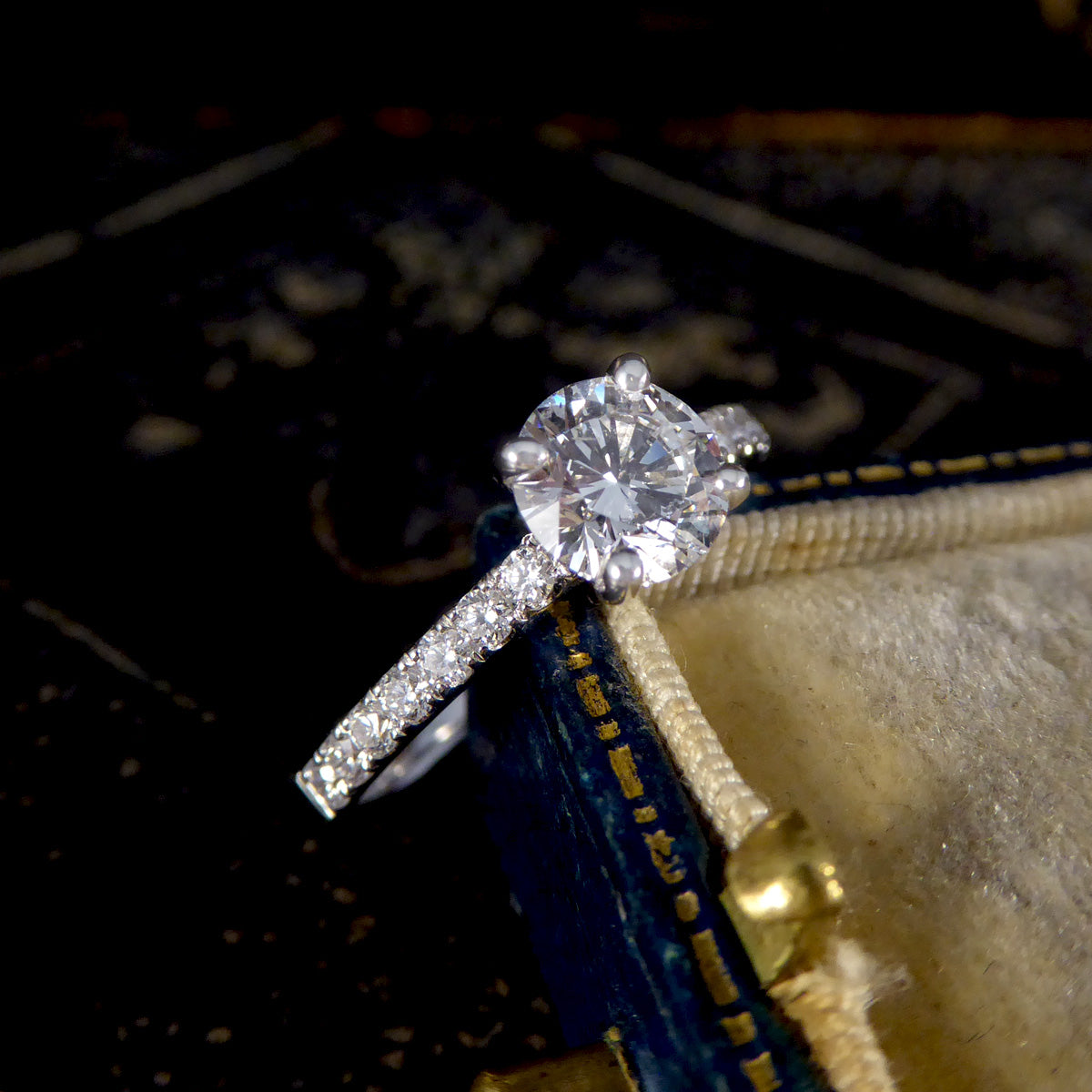 GIA Cert D Colour 0.90ct Brilliant Cut Diamond Solitaire Engagement Ring with Diamond Shoulders in 18ct White Gold - Wharfedale Antiques