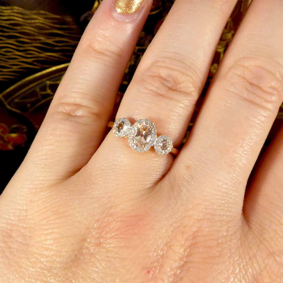 Morganite and Diamond Triple Cluster Ring in Rose Gold - Wharfedale Antiques