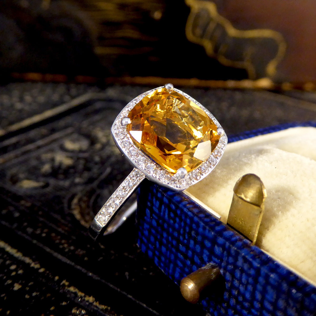 Firey 3.80ct Cushioned Citrene and Diamond Cluster Ring with Diamond Shoulders in 18ct White Gold - Wharfedale Antiques