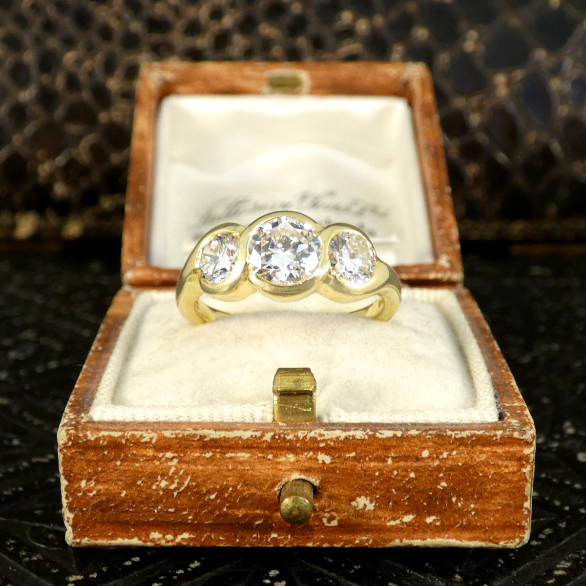 1.75ct Diamond Chunky Bezel Set Three Stone Ring in 18ct Yellow Gold - Wharfedale Antiques