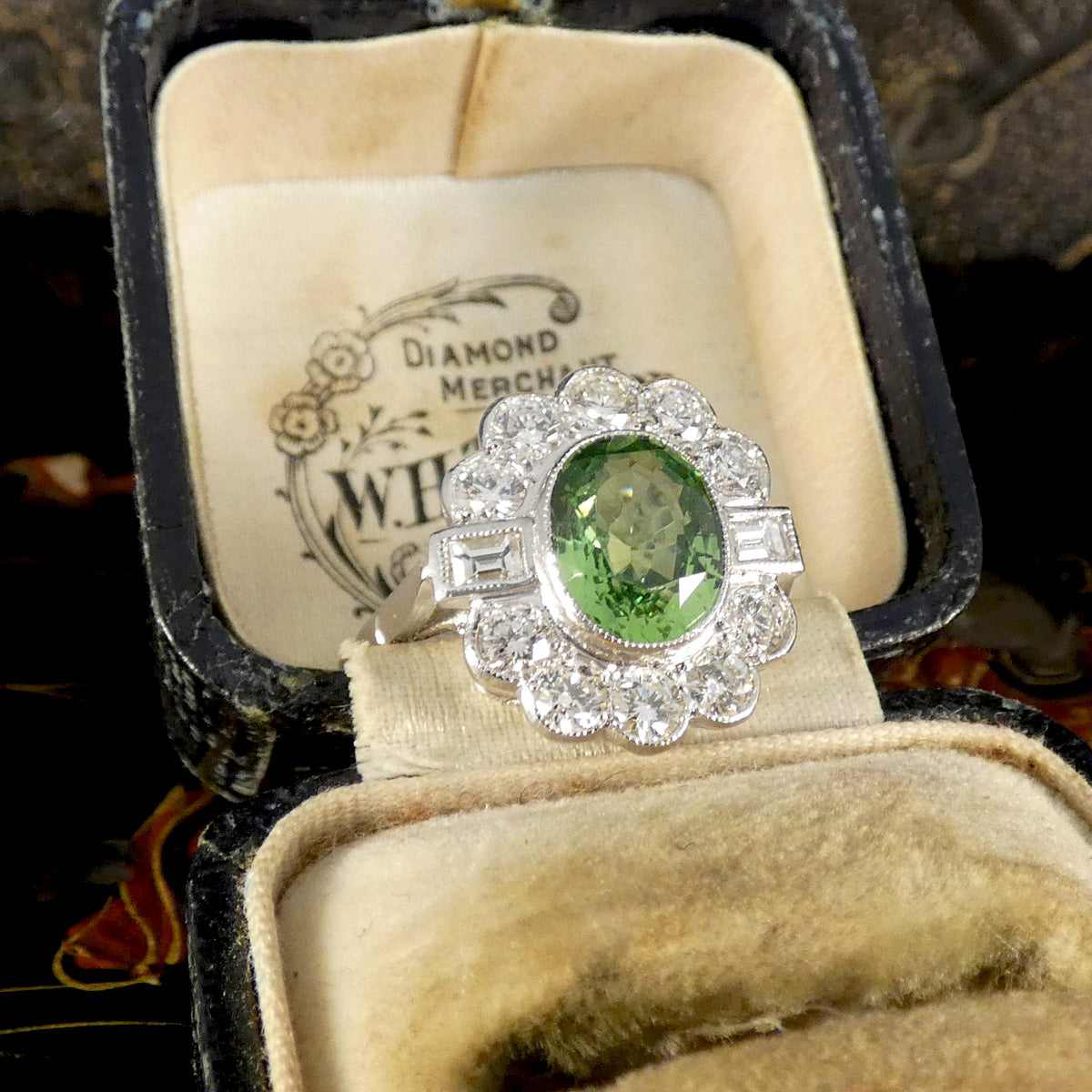 Edwardian Style 2.51ct Green Garnet and 1.20ct Diamond Cluster Ring in Platinum - Wharfedale Antiques