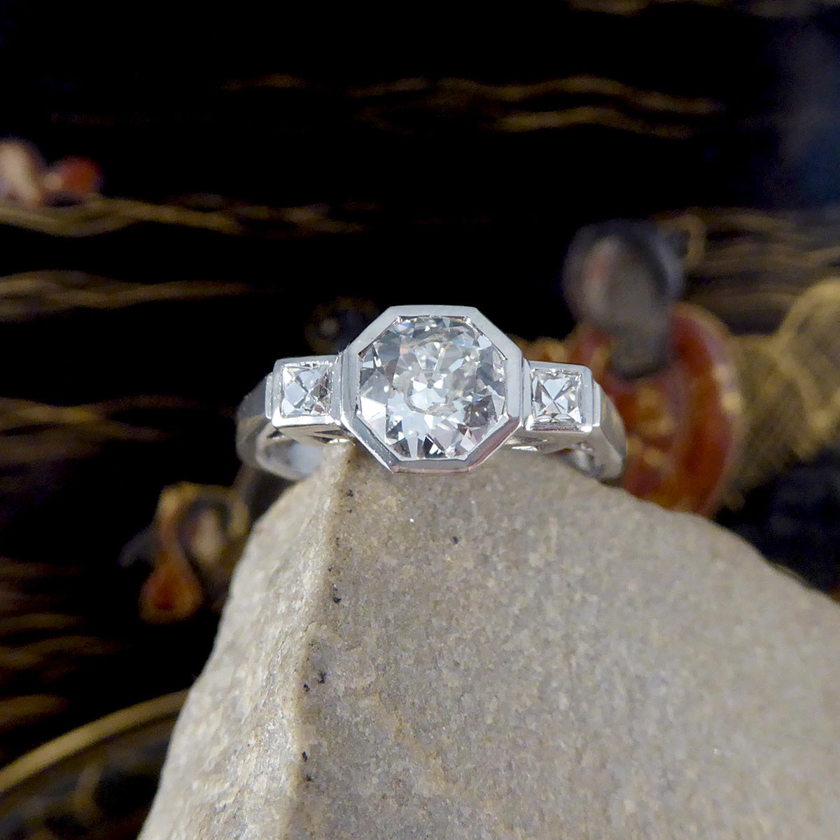 Old European and French Cut Diamond Octagon Design Three Stone Ring in Platinum - Wharfedale Antiques