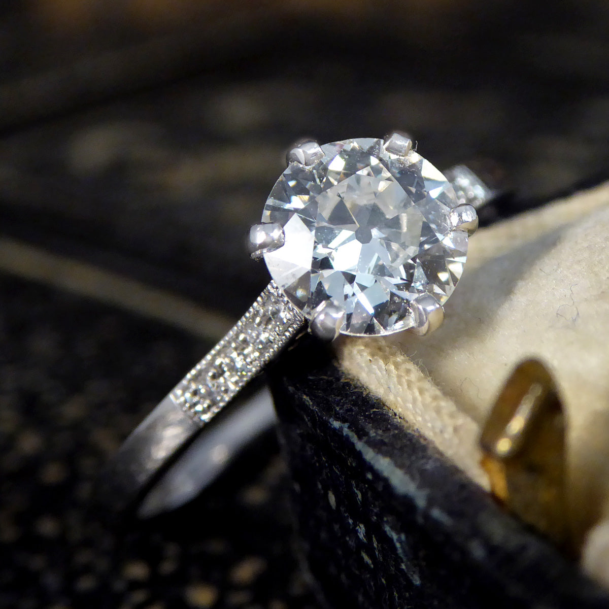 0.82ct Old European Cut Diamond Solitaire with Diamond Shoulders in Platinum - Wharfedale Antiques