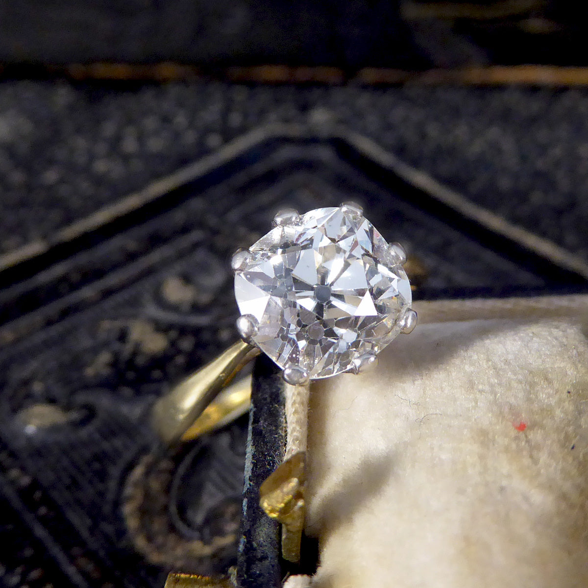 Over 2ct Old Cushion Cut Diamond Hight Set Solitaire Ring in 18ct Yellow and White Gold