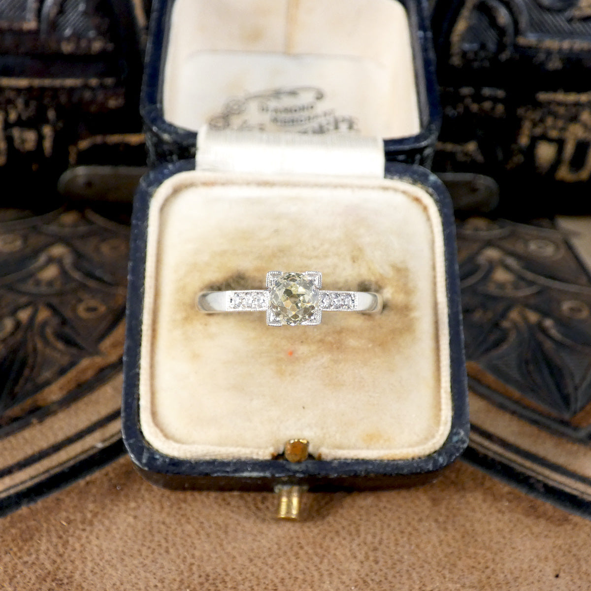 Champagne Old Cushion Cut Diamond Solitaire with Diamond set Shoulders in Platinum - Wharfedale Antiques