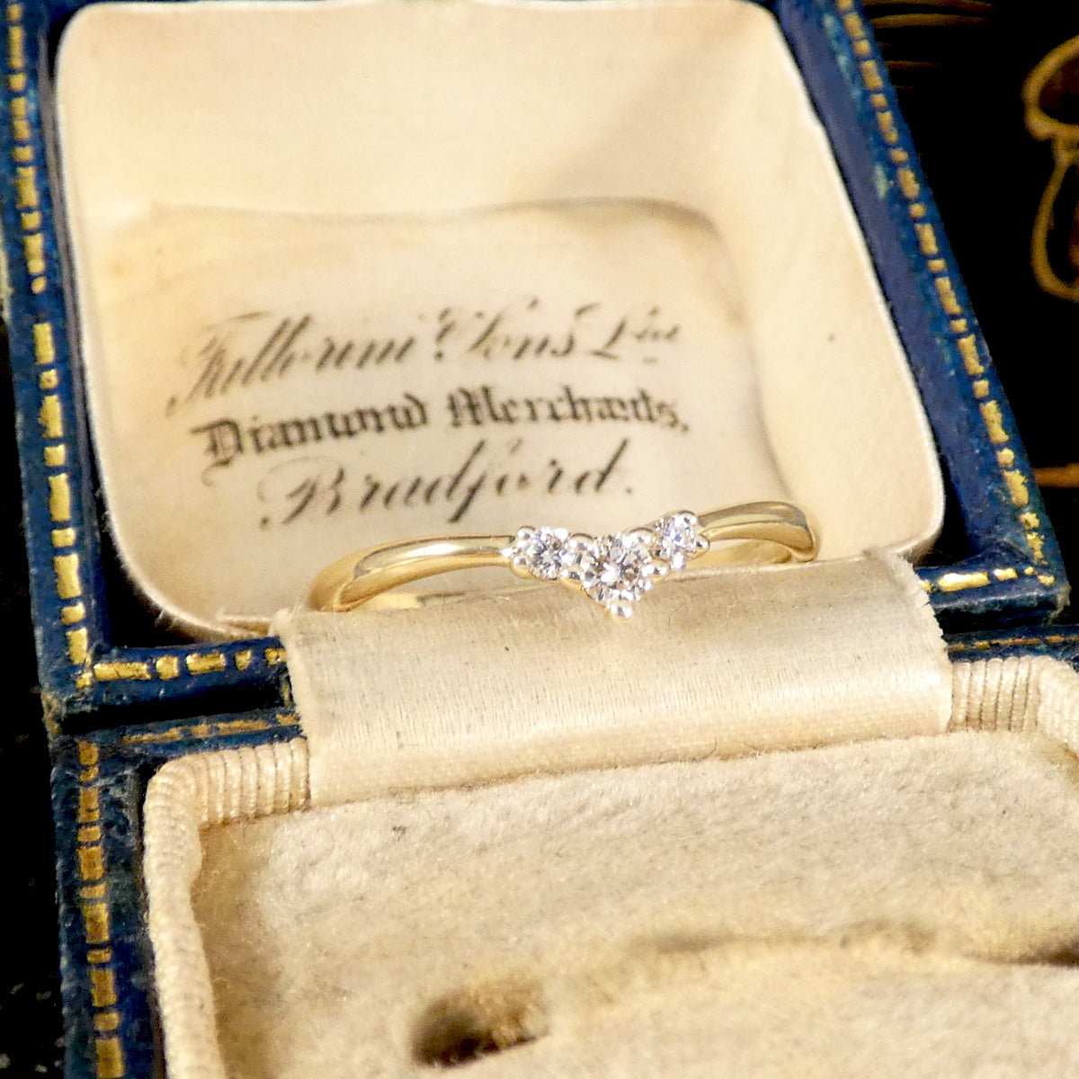 Fine and Dainty Diamond Set Mini Wishbone Ring in Yellow Gold - Wharfedale Antiques
