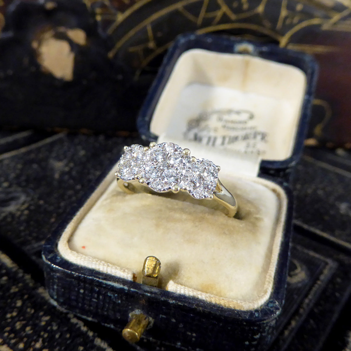 Oval Cut Diamond Three Stone Illusion Cluster Ring in Yellow Gold - Wharfedale Antiques