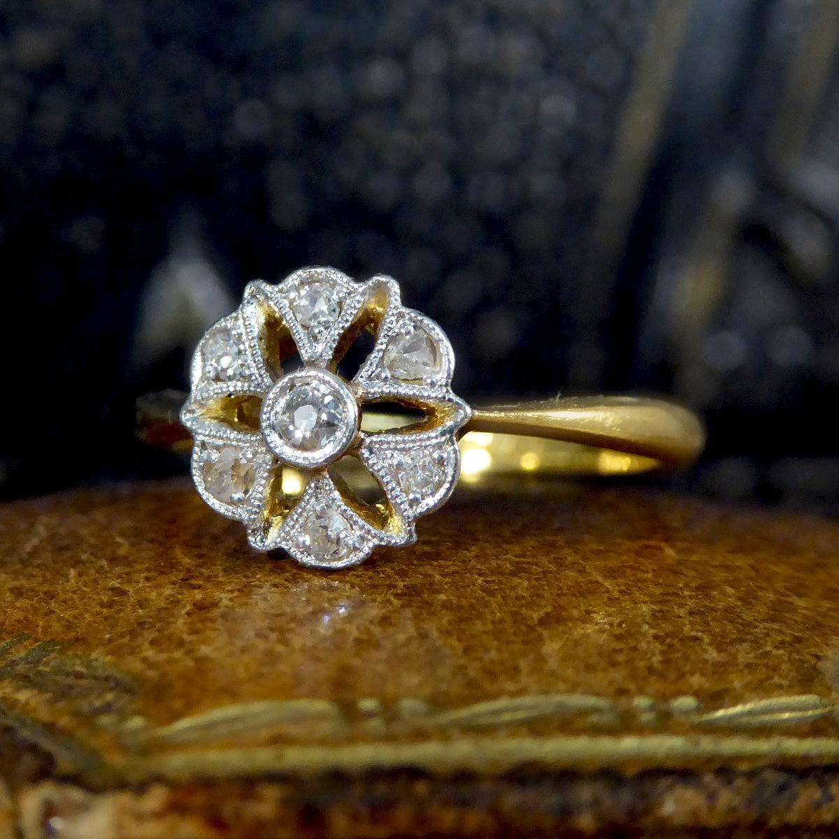Edwardian Diamond Set Floral Ring in 18ct Yellow Gold and Platinum - Wharfedale Antiques