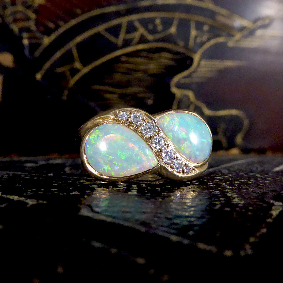 Vintage Pear Cut Opal and Diamond Toi Et Moi Style Ring in Yellow Gold - Wharfedale Antiques