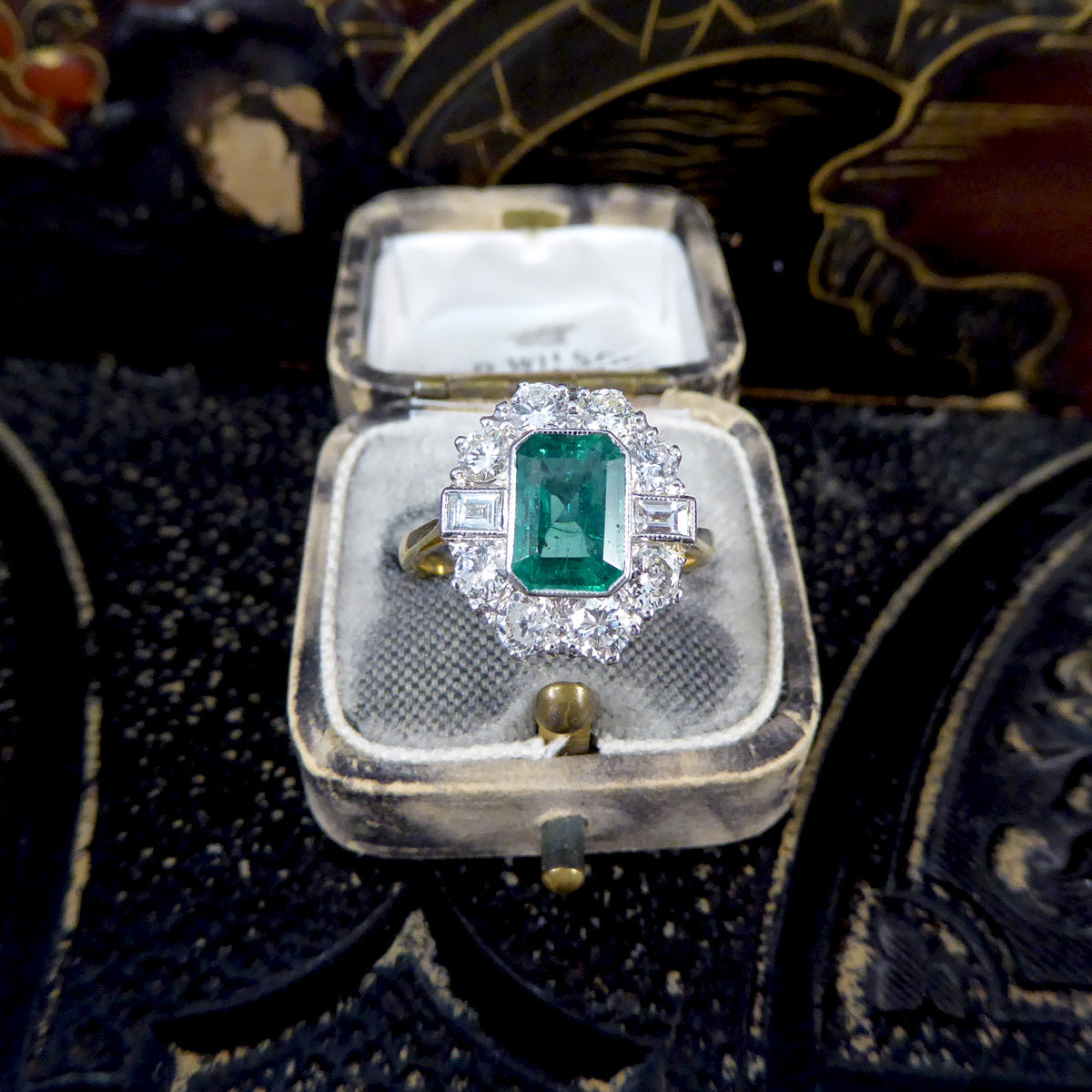 Edwardian Style 1.30ct Emerald and 1.20ct Diamond Cluster Ring in 18ct Gold - Wharfedale Antiques