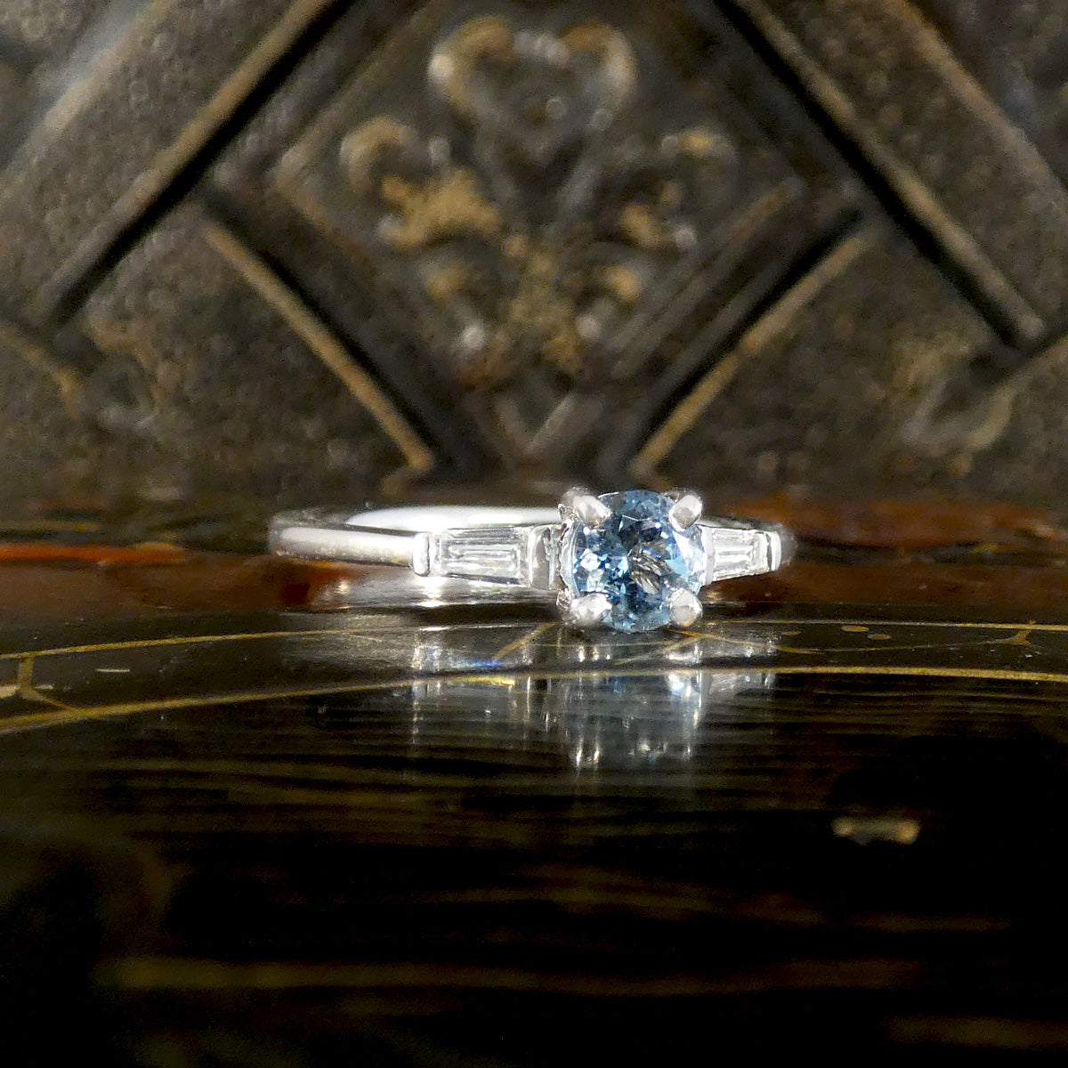 Aquamarine Solitaire with Tapered Baguette Diamond Shoulders in 18ct White Gold - Wharfedale Antiques