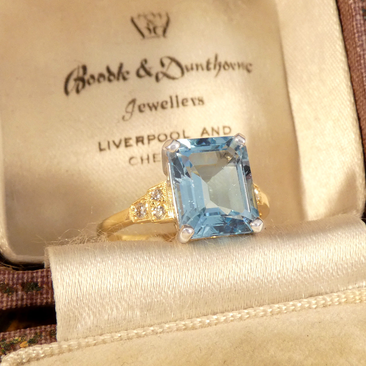 Art Deco Inspired 4.19ct Blue Topaz and Diamond Ring in White and Yellow Gold - Wharfedale Antiques