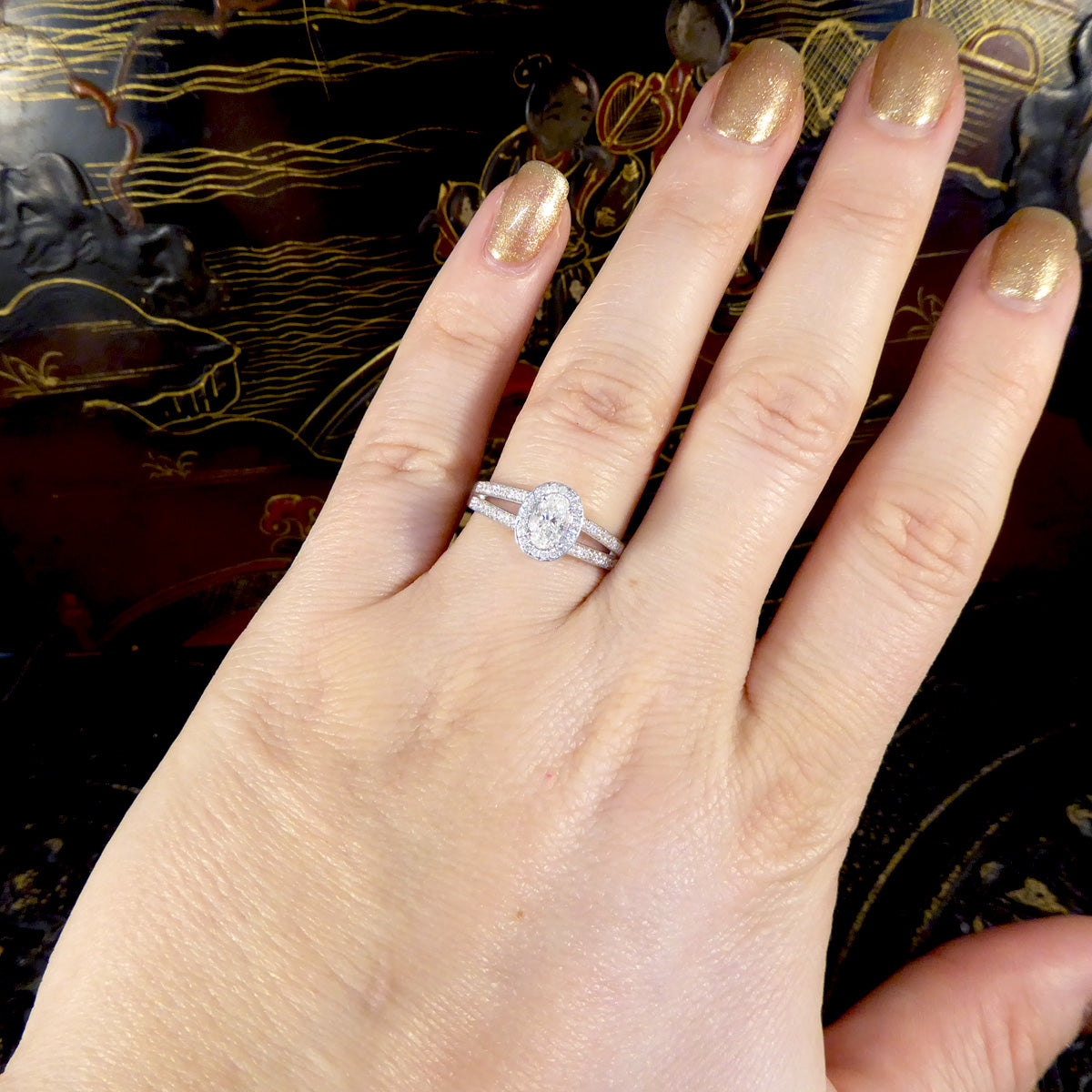 Oval Cut Diamond Cluster Ring with Diamond Set Double Strand Shoulders in 18ct White Gold