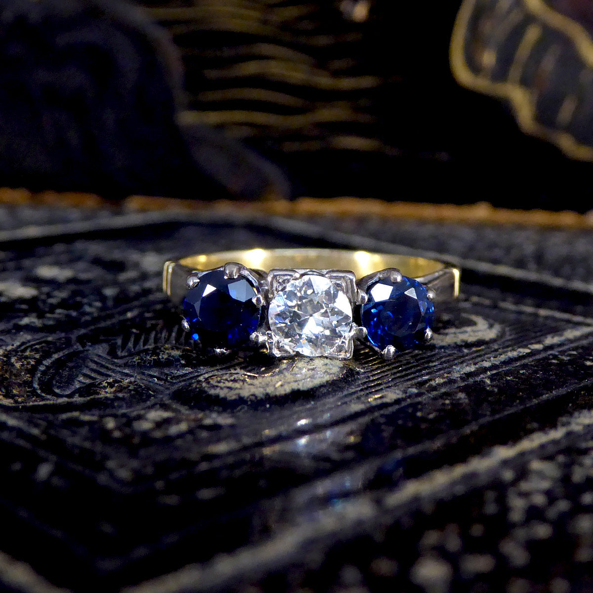 Vintage Sapphire and Diamond Three Stone Ring in 18ct Yellow Gold - Wharfedale Antiques