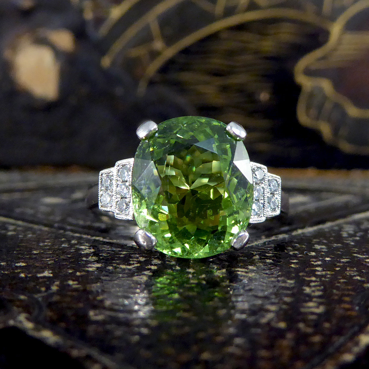 Green Tourmaline Ring with Diamond Staged Shoulders in Platinum - Wharfedale Antiques