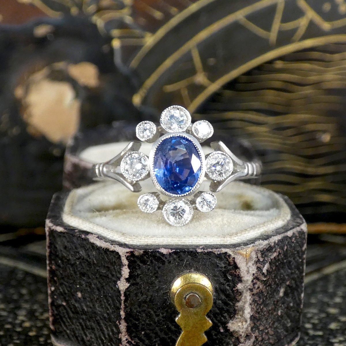 Art Deco Inspired Sapphire and Diamond Cluster Dress Ring in Platinum - Wharfedale Antiques