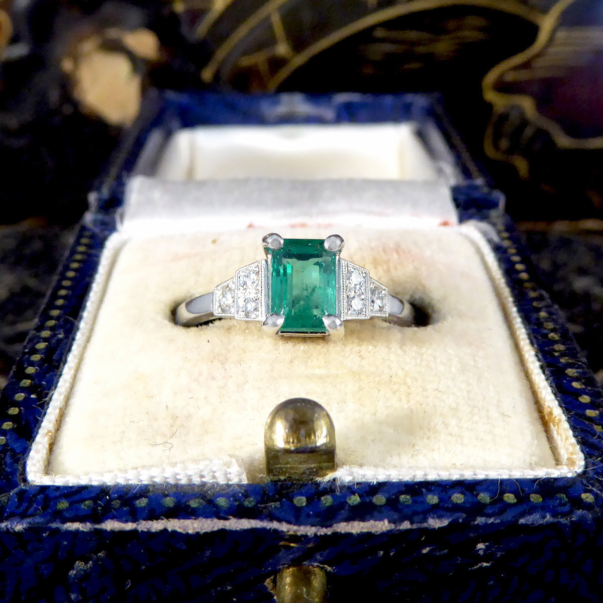 Art Deco Replica Emerald and Diamond Staged Shoulder Ring in Platinum - Wharfedale Antiques