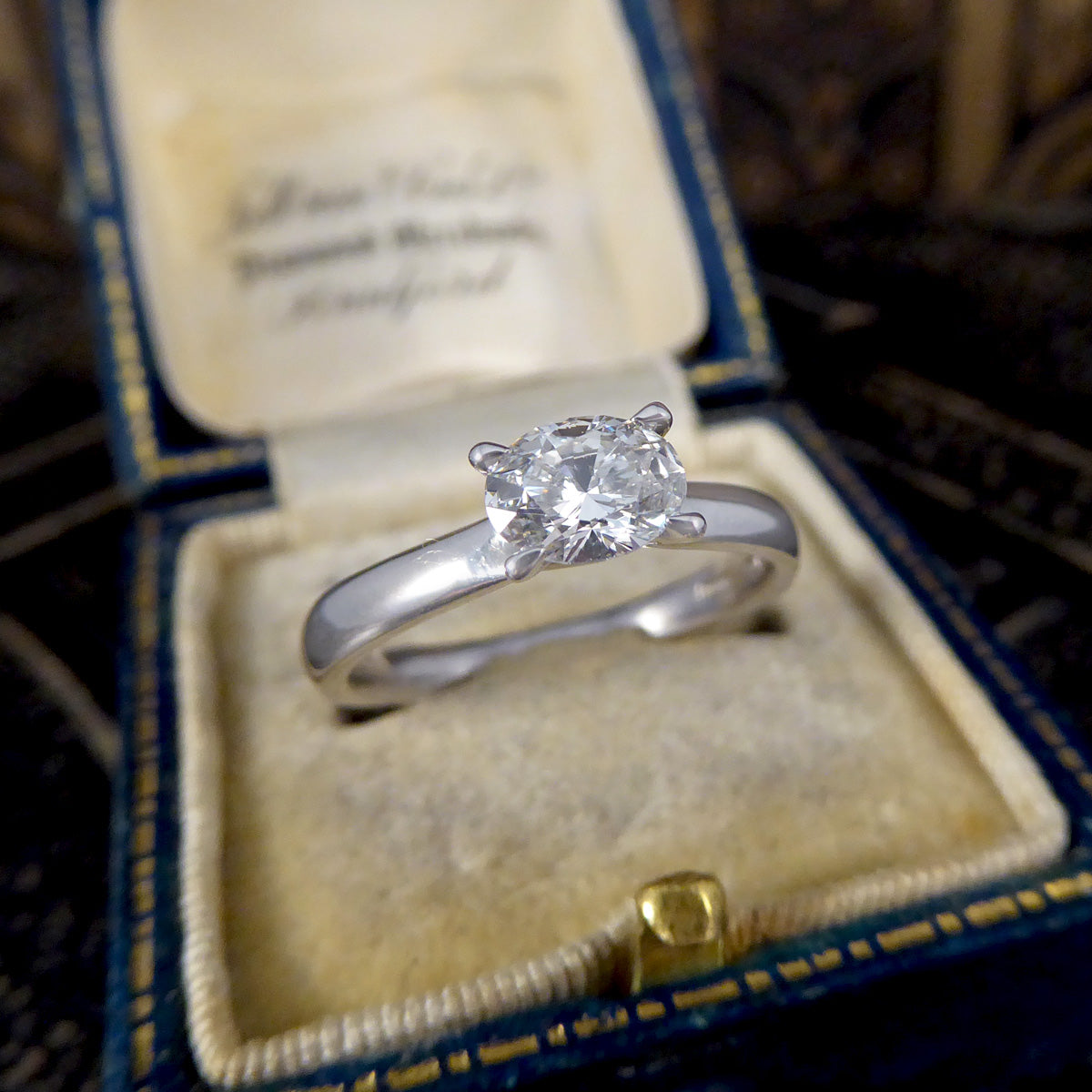 Oval Cut East West Diamond Solitaire Ring in 18ct White Gold - Wharfedale Antiques