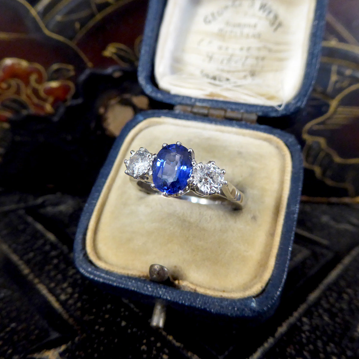 1.50ct Sapphire and 0.55ct Diamond Three Stone Ring in Platinum - Wharfedale Antiques