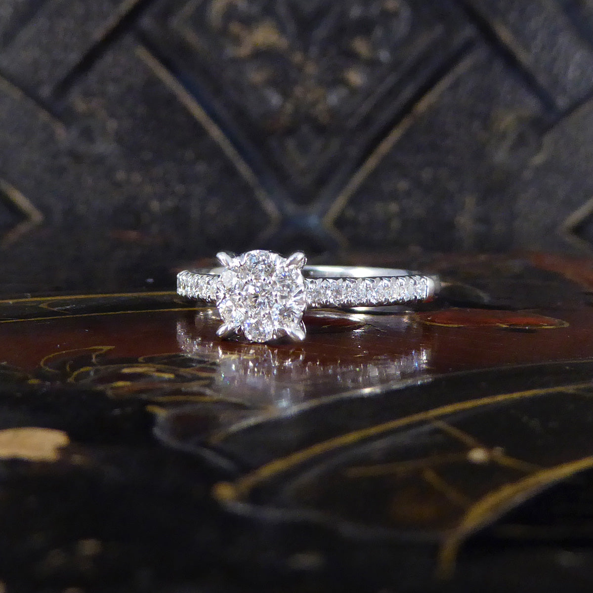 Solitaire Illusion set Diamond Cluster Ring in White Gold with Diamond Shoulders - Wharfedale Antiques