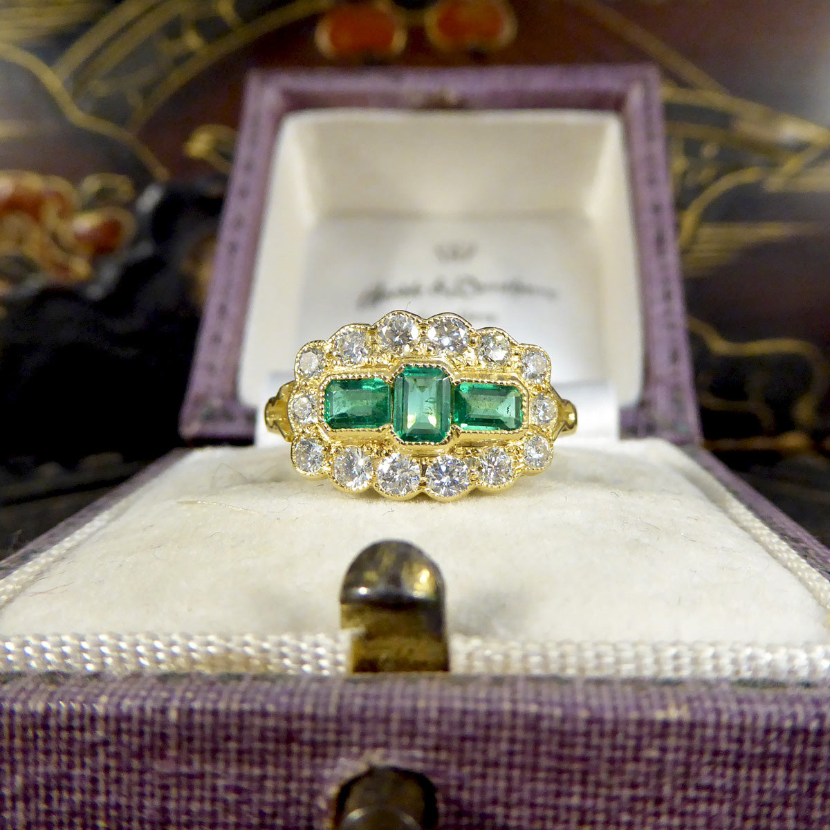 Antique Style Emerald and Diamond Boat Ring in 18ct Yellow Gold - Wharfedale Antiques