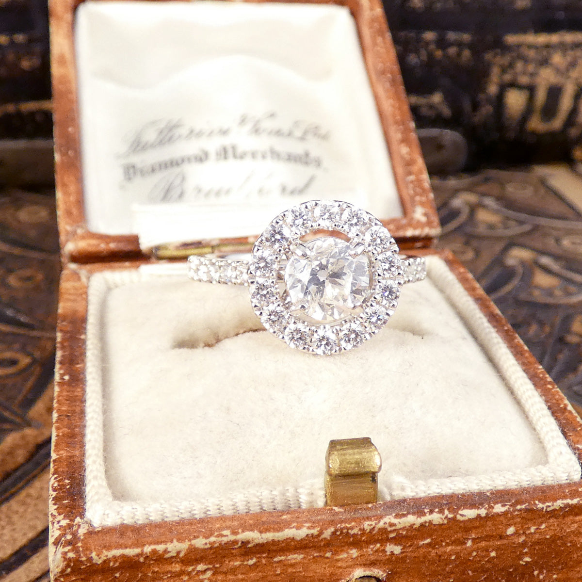 1.74ct Diamond Halo Engagement Ring with Diamond Set Shoulders in Platinum - Wharfedale Antiques