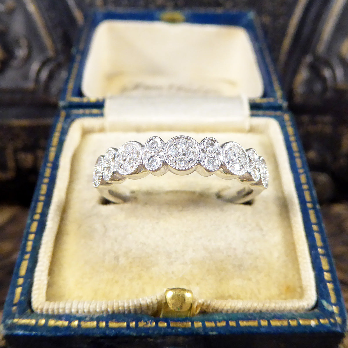 Diamond set Flat Cluster Half Eternity Ring in 18ct White Gold - Wharfedale Antiques