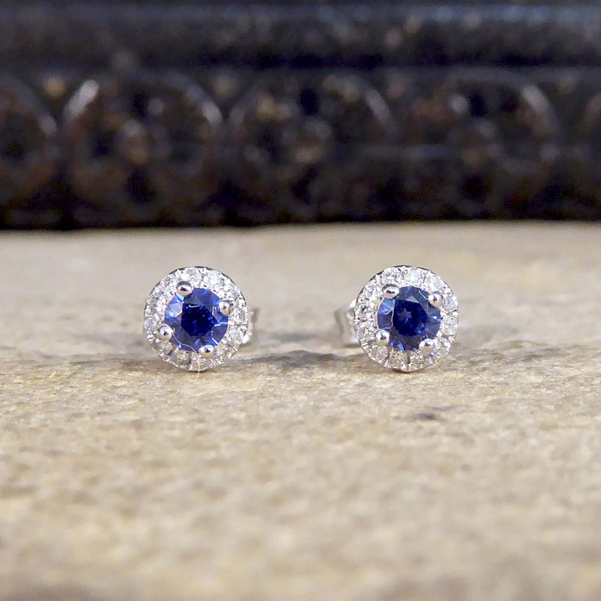 Sapphire and Diamond Target Cluster Stud Earrings in 9ct White Gold - Wharfedale Antiques