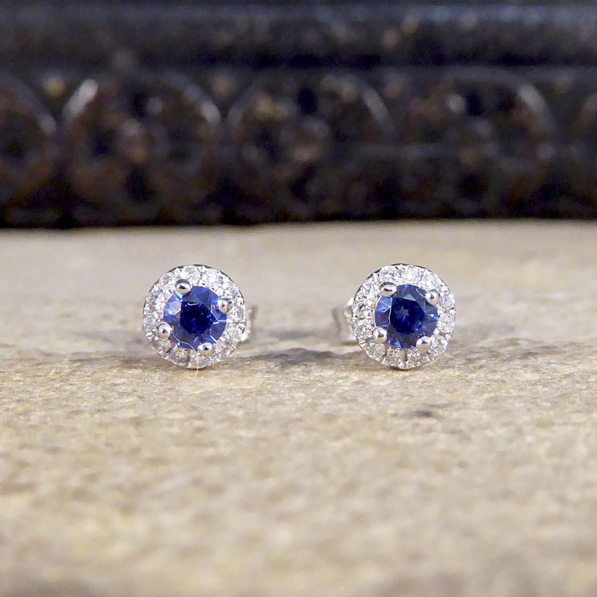 Sapphire and Diamond Target Cluster Stud Earrings in 9ct White Gold