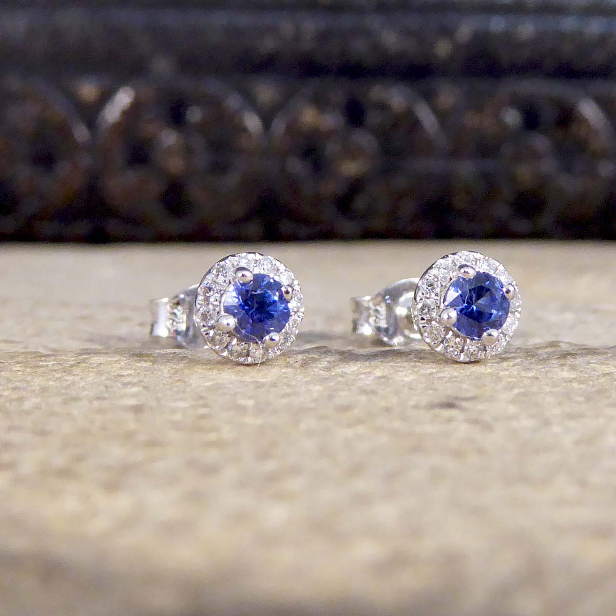 Sapphire and Diamond Target Cluster Stud Earrings in 9ct White Gold - Wharfedale Antiques