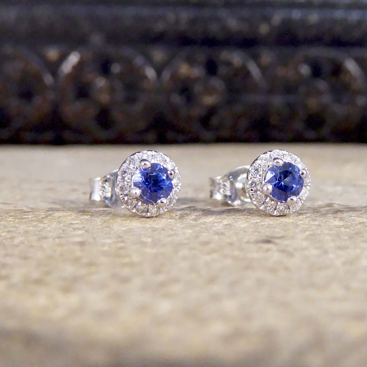 Sapphire and Diamond Target Cluster Stud Earrings in 9ct White Gold