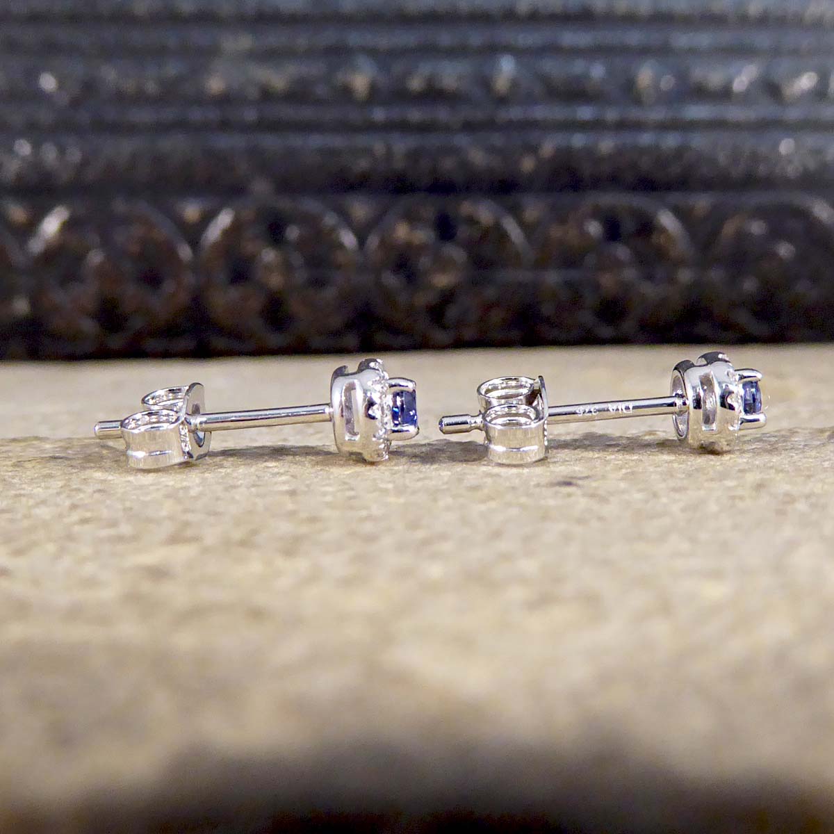 Sapphire and Diamond Target Cluster Stud Earrings in 9ct White Gold - Wharfedale Antiques