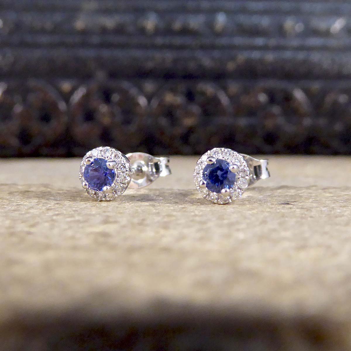 Sapphire and Diamond Target Cluster Stud Earrings in 9ct White Gold - Wharfedale Antiques