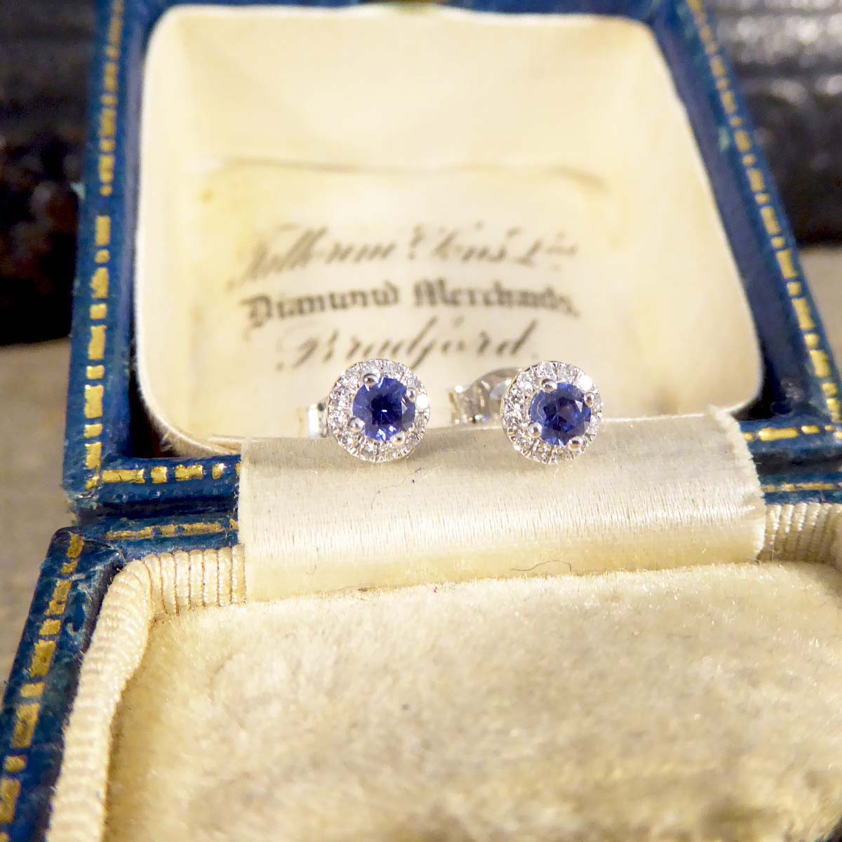 Sapphire and Diamond Target Cluster Stud Earrings in 9ct White Gold - Wharfedale Antiques