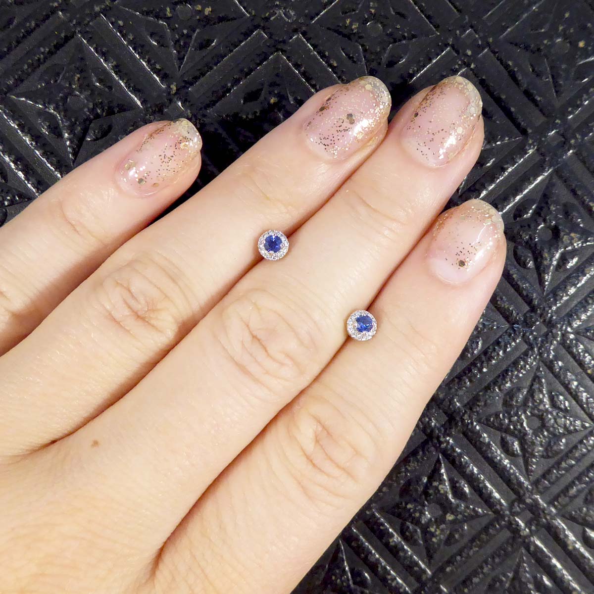 Sapphire and Diamond Target Cluster Stud Earrings in 9ct White Gold - Wharfedale Antiques