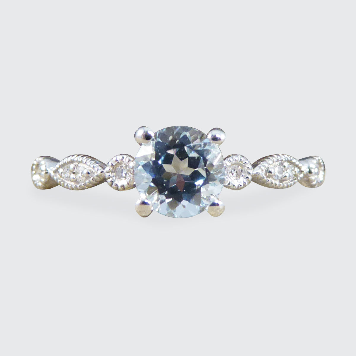 Aquamarine Solitaire Ring with Diamond Milgrain Shoulders in White Gold - Wharfedale Antiques