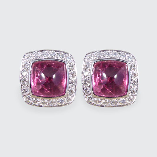 5.78ct Sugarloaf Cut Pink Tourmaline and Diamond Halo Cluster Stud Earrings in 18ct White Gold