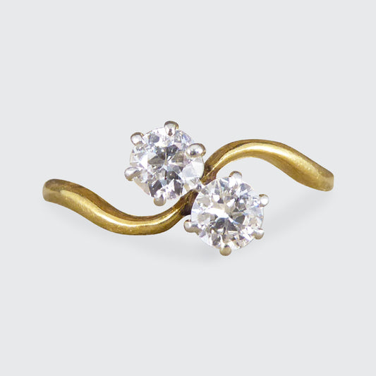 Antique Edwardian Two Stone 0.40ct Diamond Twist Ring in 18ct Yellow Gold - Wharfedale Antiques