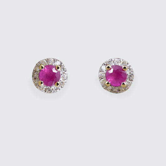 Ruby and Diamond Target Cluster Stud Earrings in 9ct Yellow and White Gold - Wharfedale Antiques