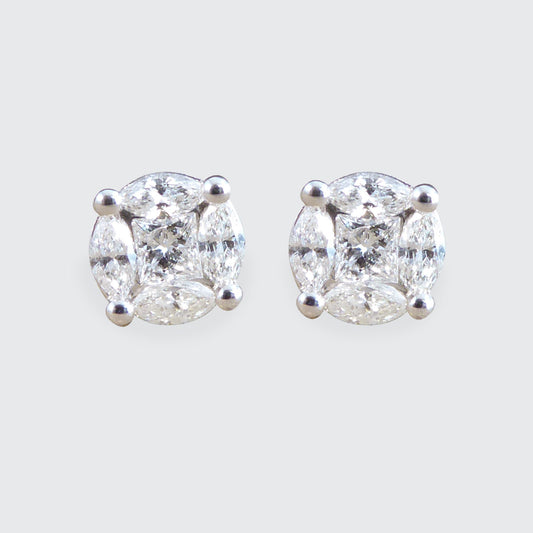 Contemporary 0.50ct Diamond Cluster and 1.50ct Look Earrings in White Gold - Wharfedale Antiques