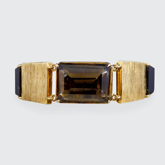 1970's Smokey Quartz Panel Bracelet in 9ct Yellow Gold with Bark Detail - Wharfedale Antiques
