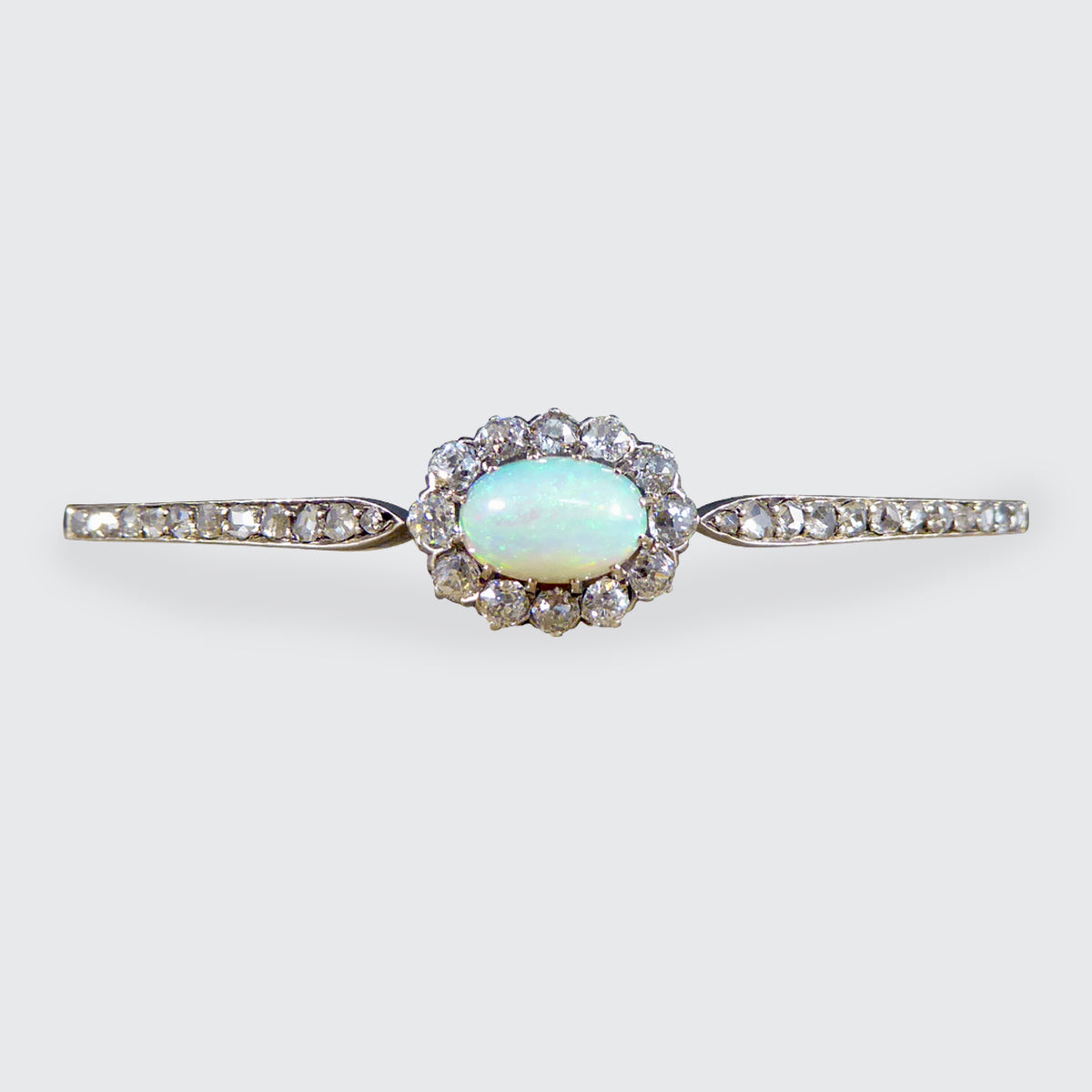 Late Victorian Opal and Diamond Cluster Bangle in 14ct Yellow Gold and Silver