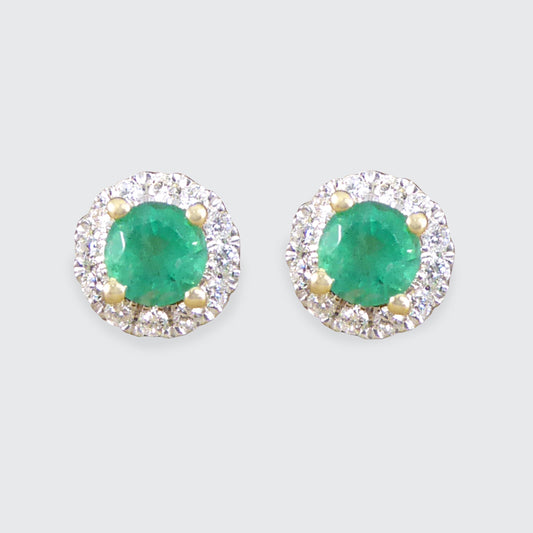 Emerald and Diamond Target Cluster Stud Earrings in 9ct White and Yellow Gold - Wharfedale Antiques