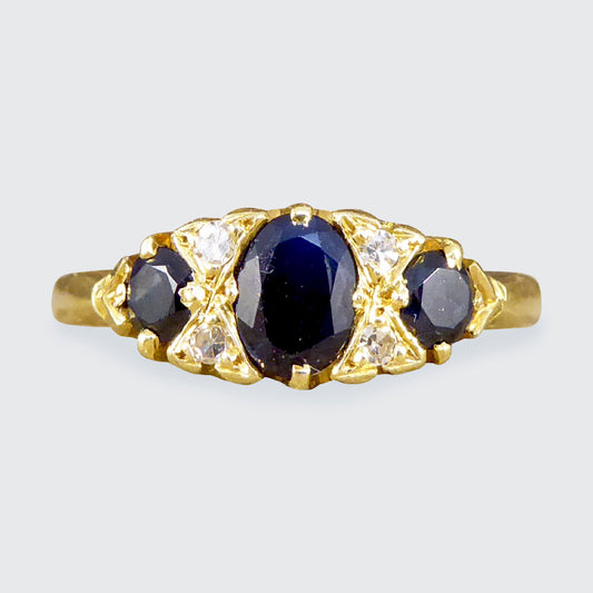 Antique Sapphire and Diamond Boat Ring in 18ct Yellow Gold - Wharfedale Antiques